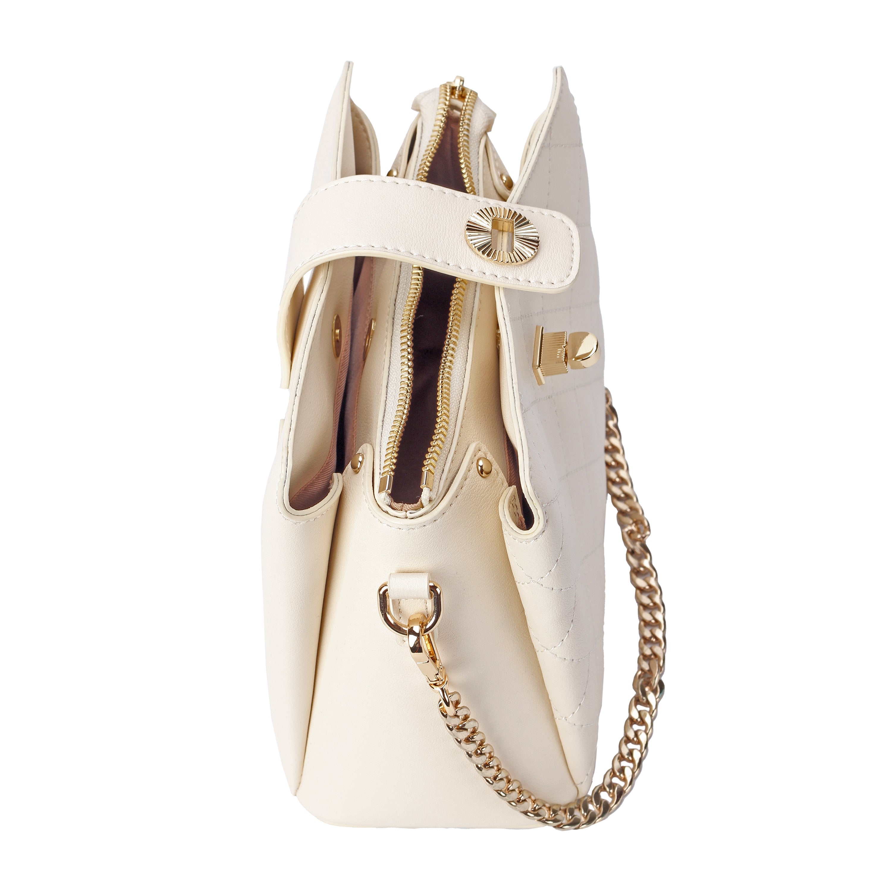 Interior view of ivory leather handbag with zip and slide pockets