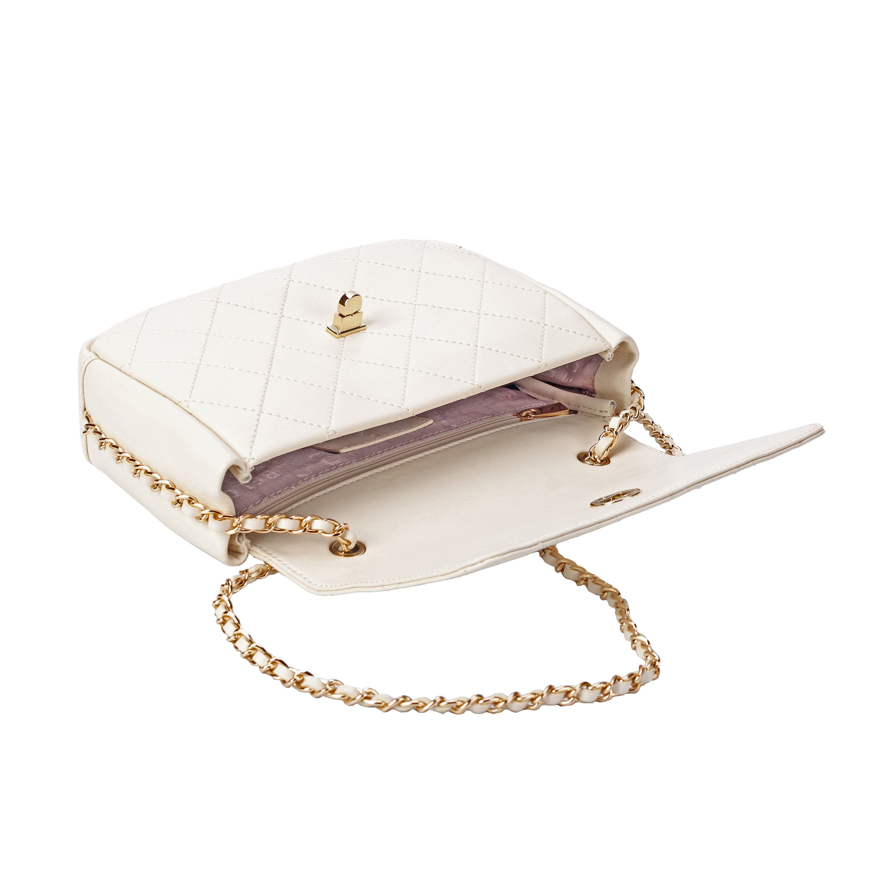 Open flap view of ivory leather handbag with interior compartments