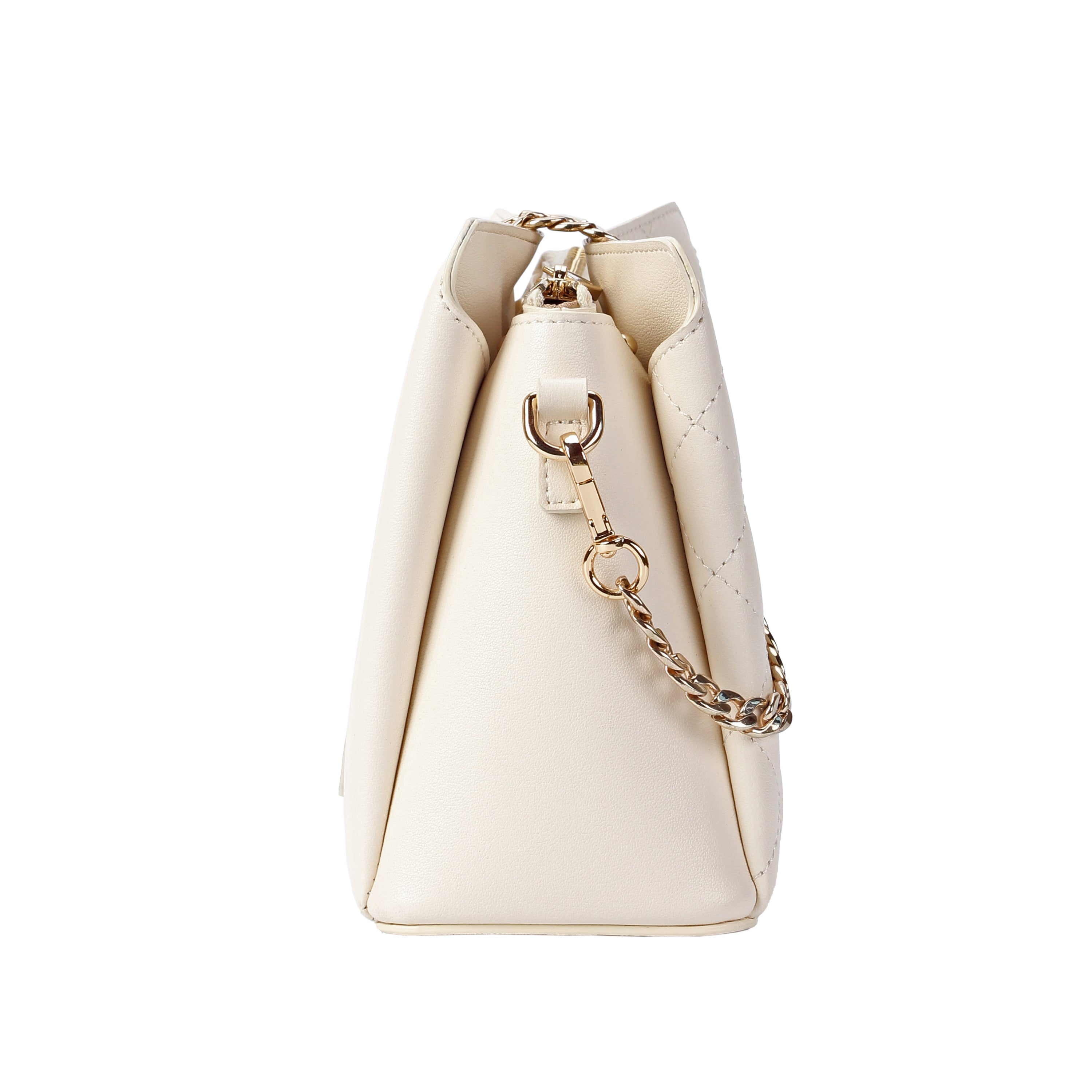 Side view of ivory leather shoulder bag showing magnetic flap and zipper closure