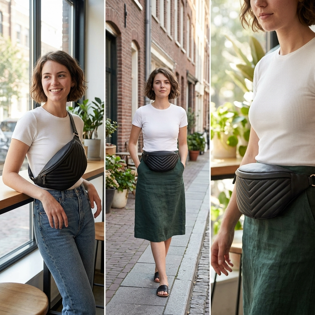 Woman wearing black lambskin waist bag for hands-free everyday carry