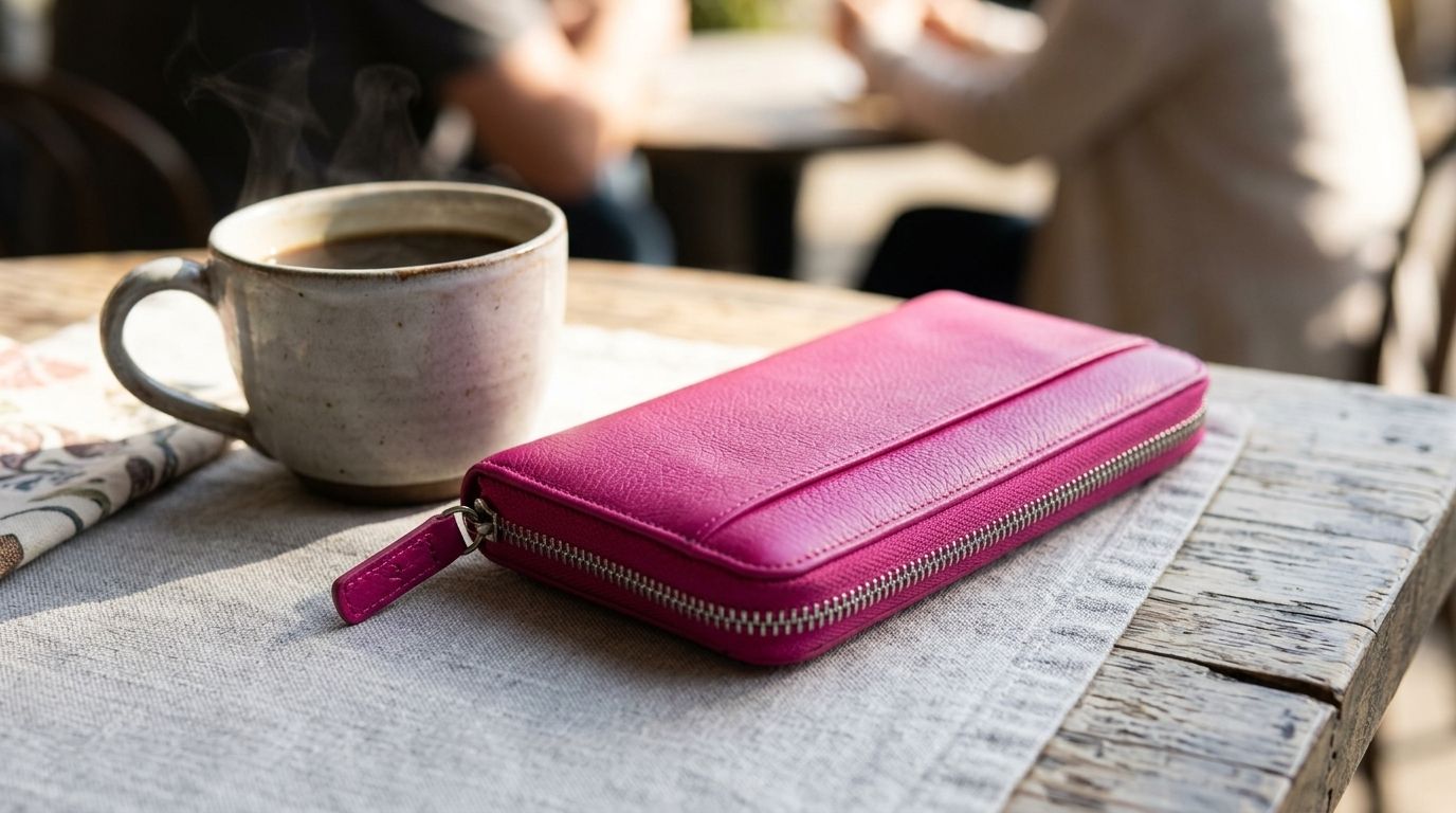 A bright pink leather zip-around wallet lies on a rustic wooden table.