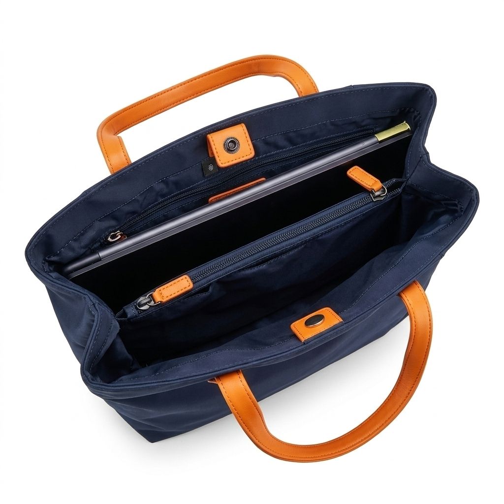 Lightweight navy nylon work tote interior shown with 16-inch laptop for fit reference and center zip 