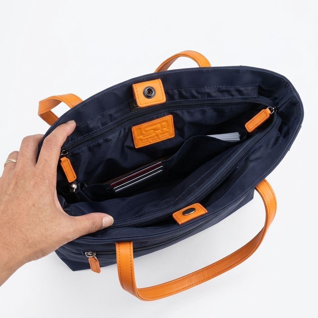 Organized nylon work tote interior with center zip compartment, card slots, slip pockets, pen loops and zipper pocket