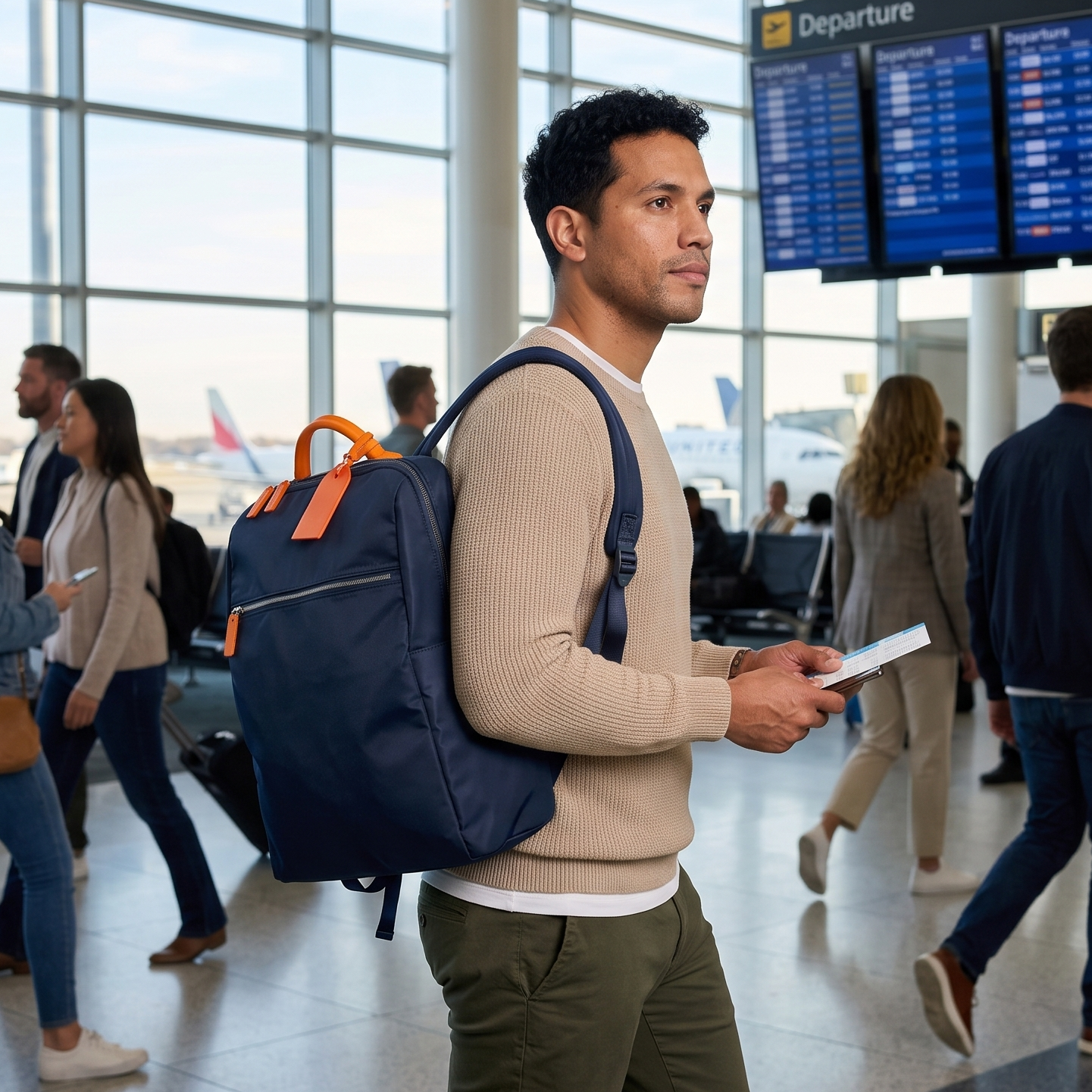 A men is carrying a 13" nylon laptop backpack
