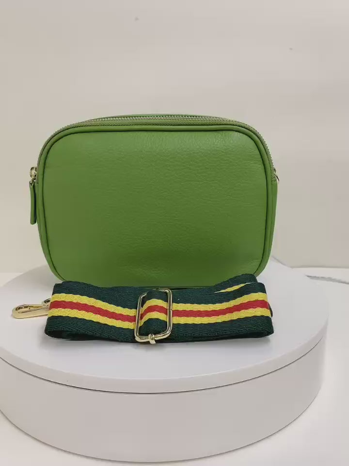 Video showing green Sophia leather double-zip crossbody bag