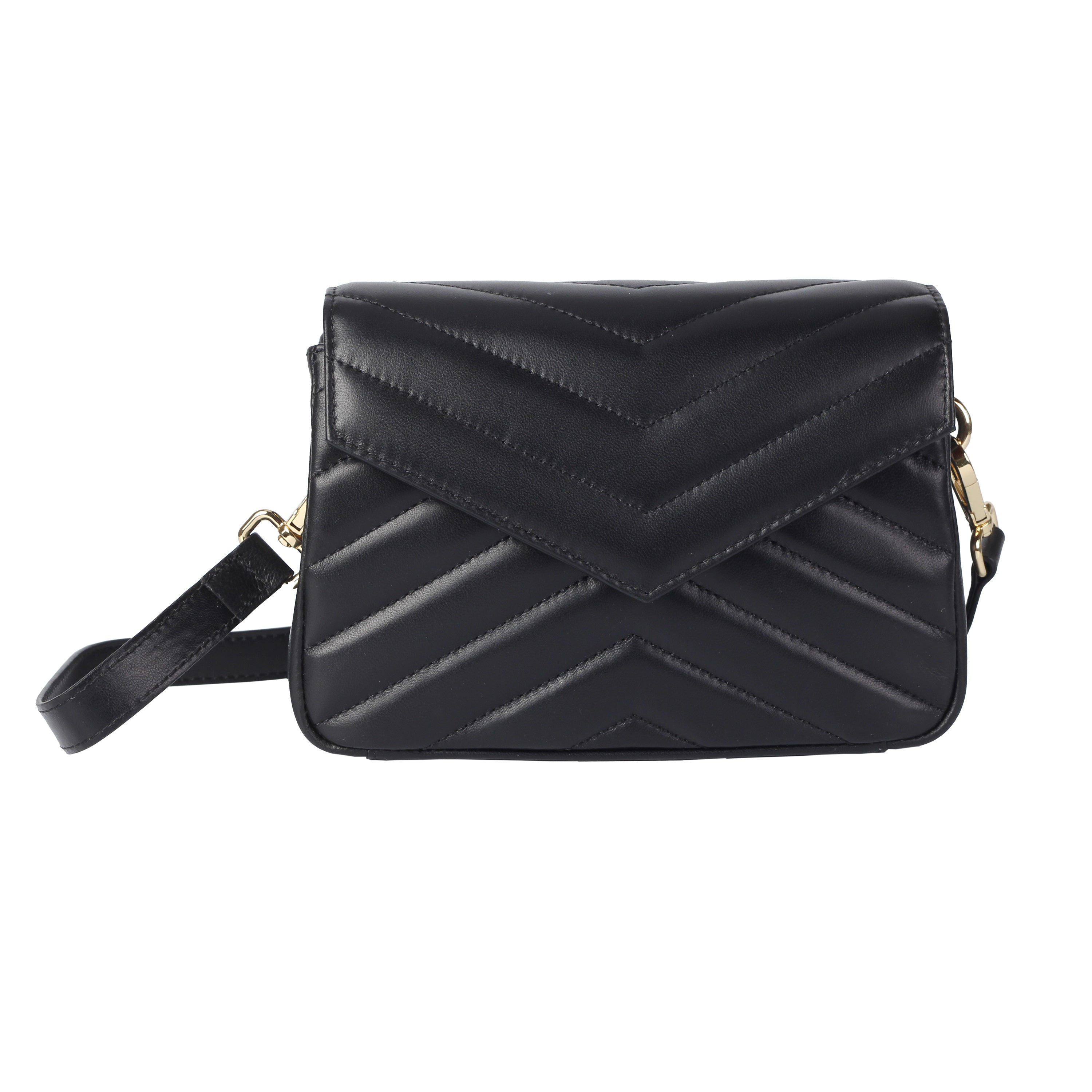 Front view of black soft lambskin mini crossbody bag with quilted design and gold hardware