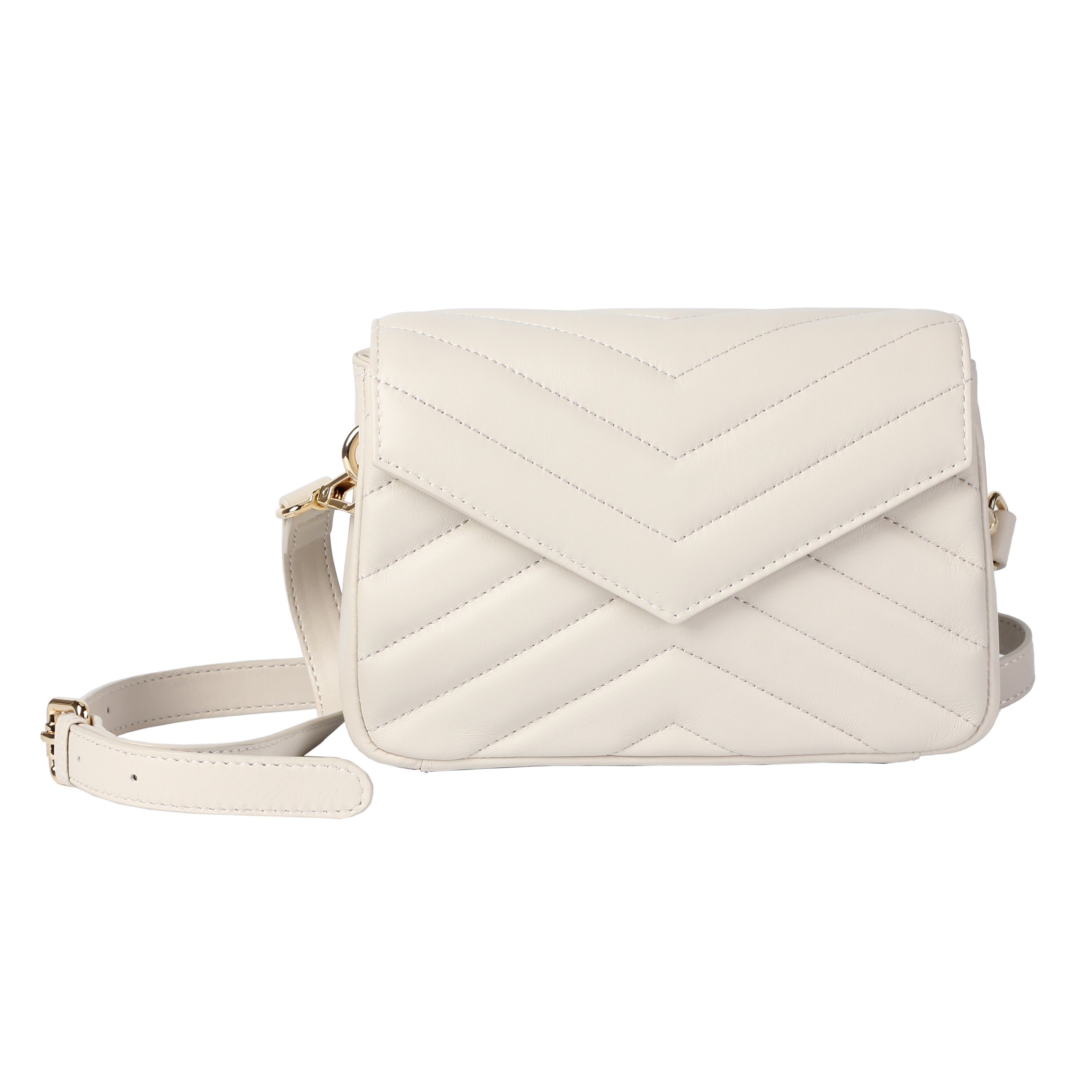 Front view of ivory soft lambskin mini crossbody bag with quilted design and gold hardware