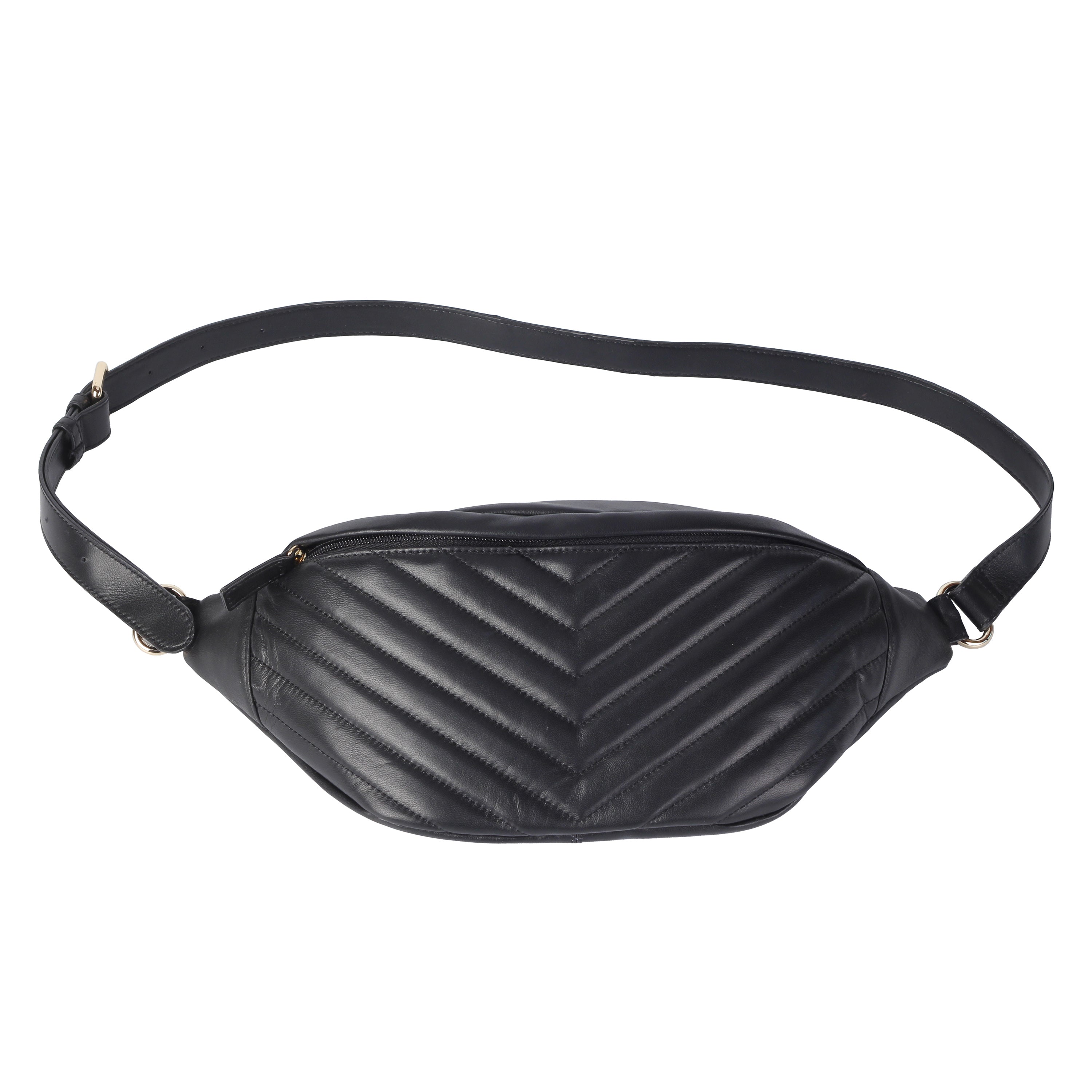 Front view of black lambskin waist bag with quilted embroidery and zipper top