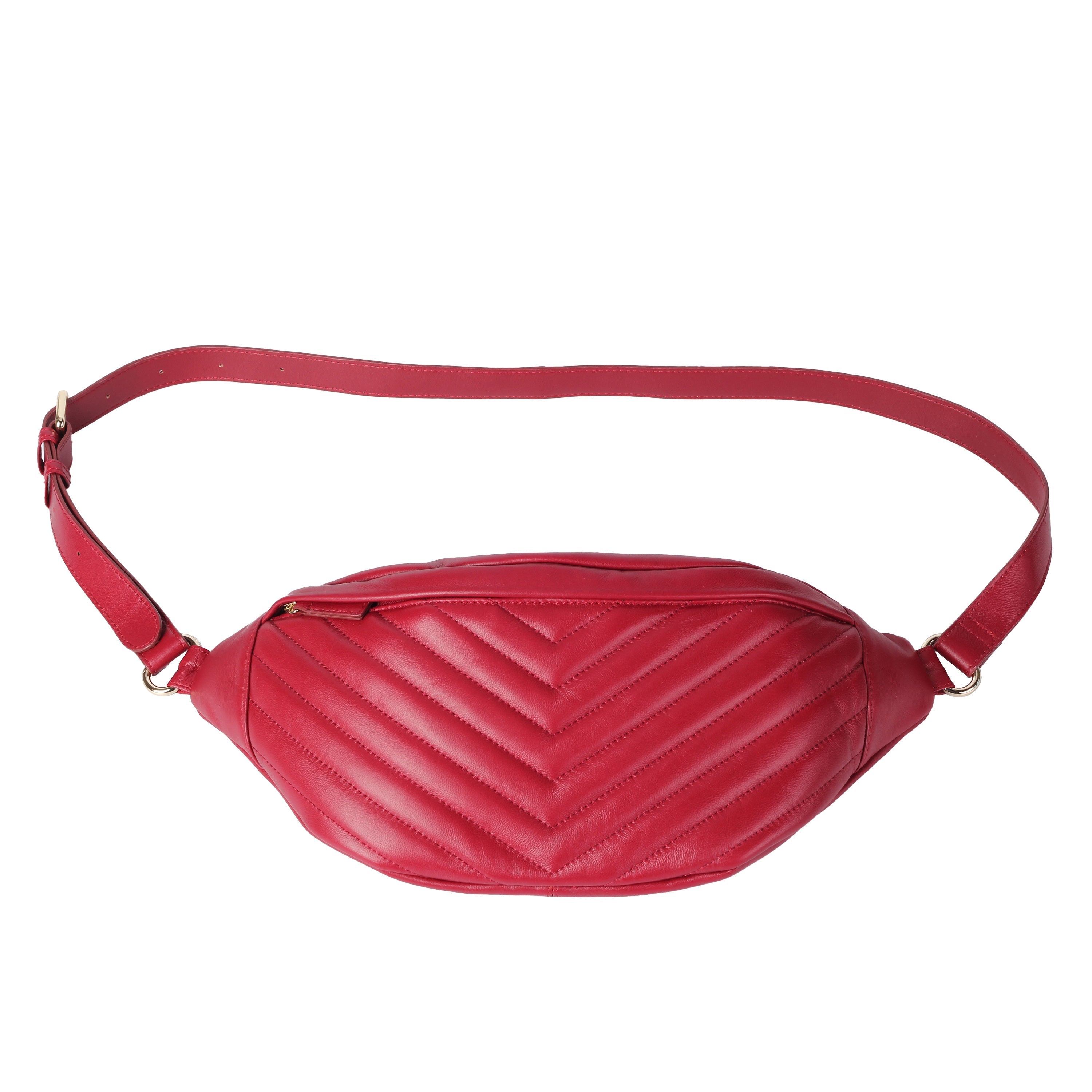 Front view of red lambskin waist bag with quilted embroidery and zipper top