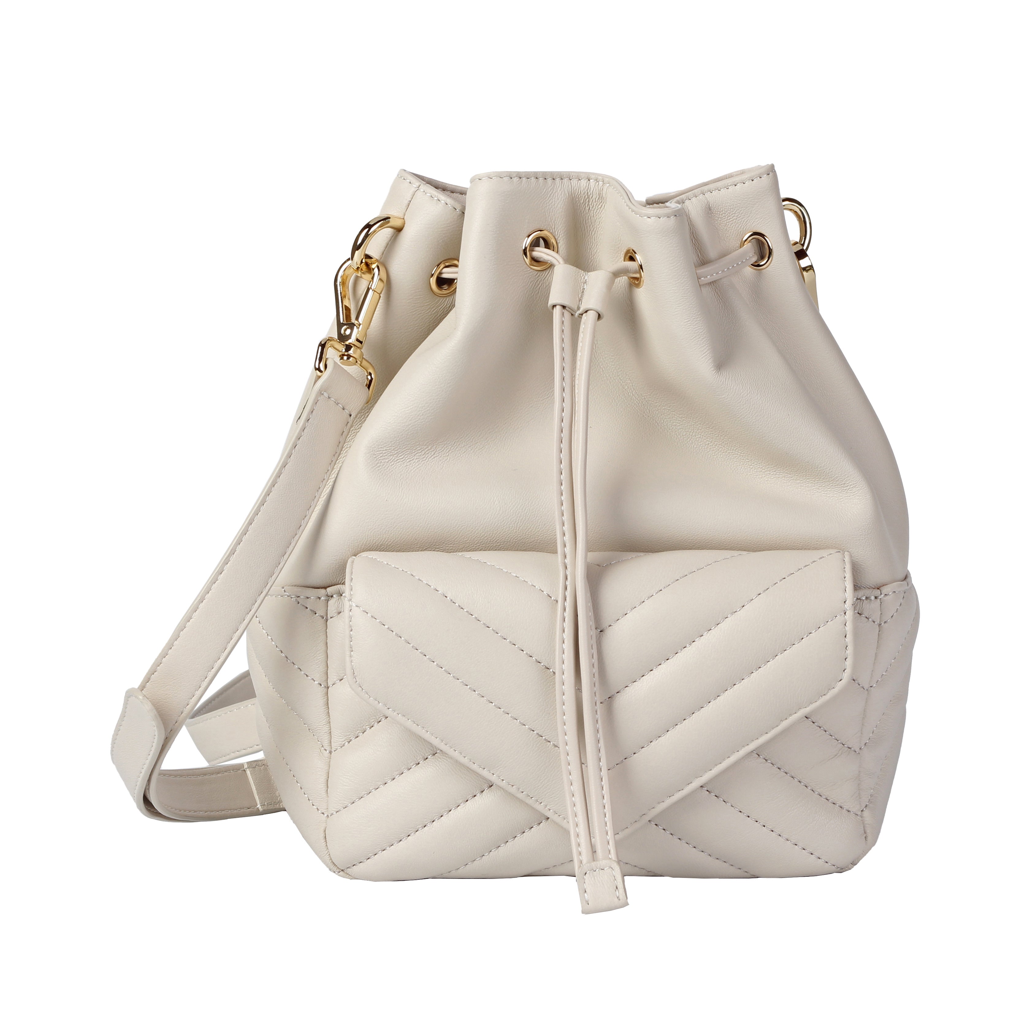 Front view of ivory soft lambskin bucket bag with striped embroidery and drawstring closure