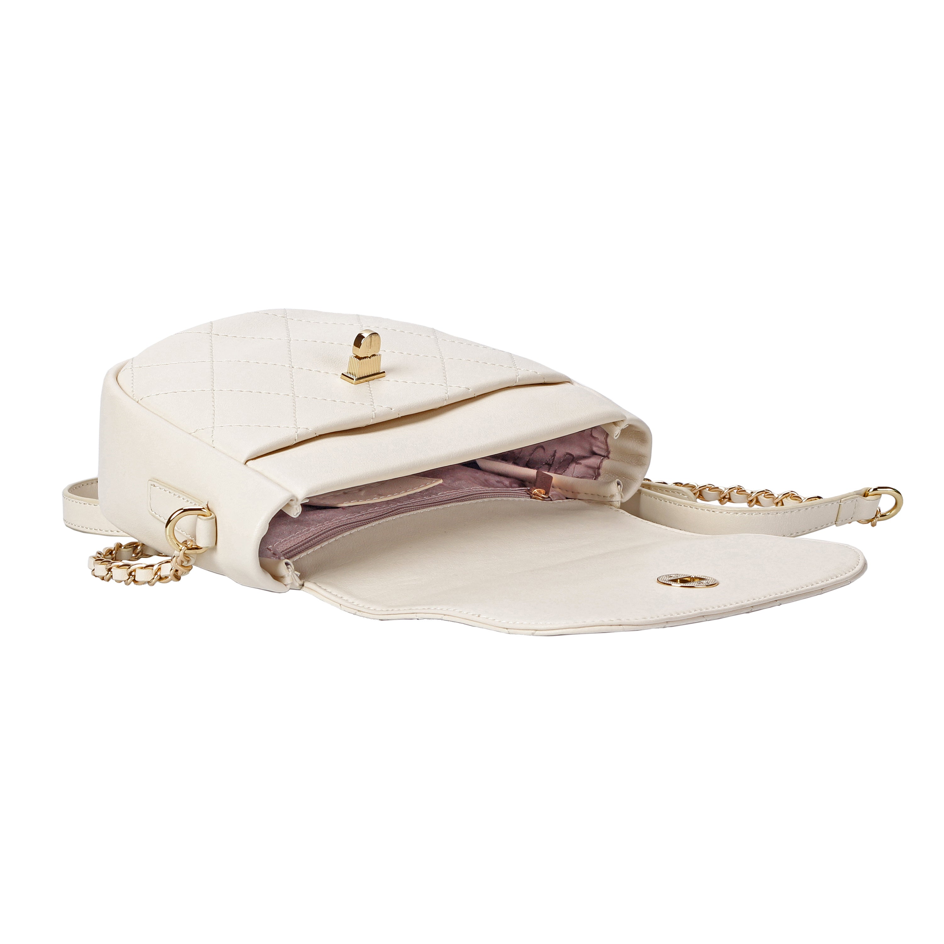 Inside view of white quilted crossbody bag showing zipper and open pock